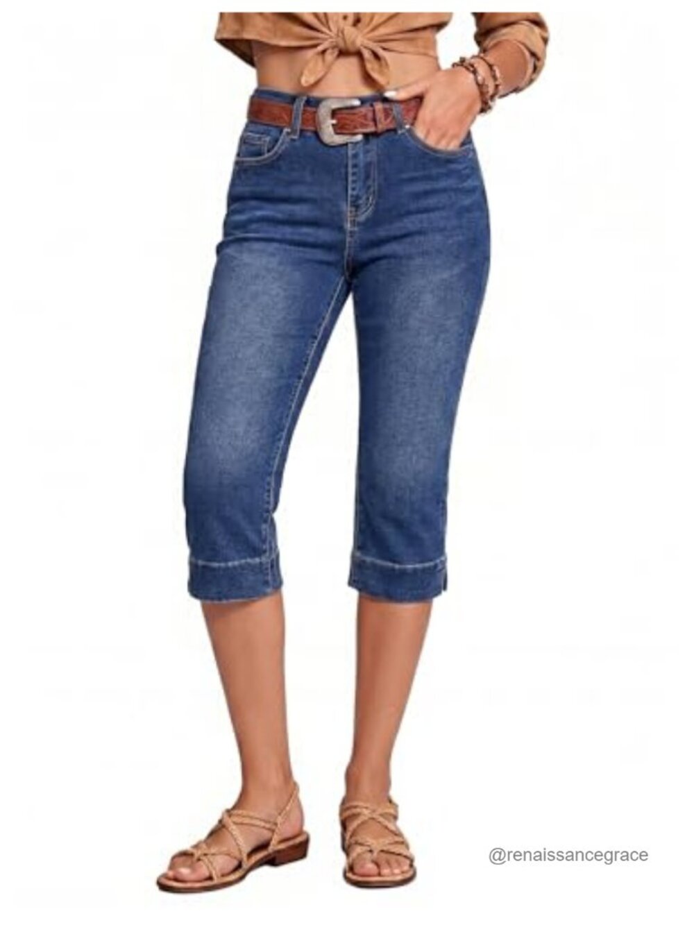 luvamia Capri Jeans Women High Waisted Slim Split Hem Stretch Denim Cropped